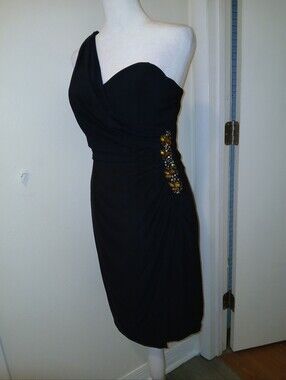 Xscape Black One-Shoulder Cocktail Dress with Gold Embellishment